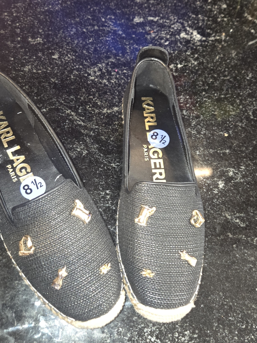 Karl Lagerfeld Black Espadrille Flats with Gold Charms